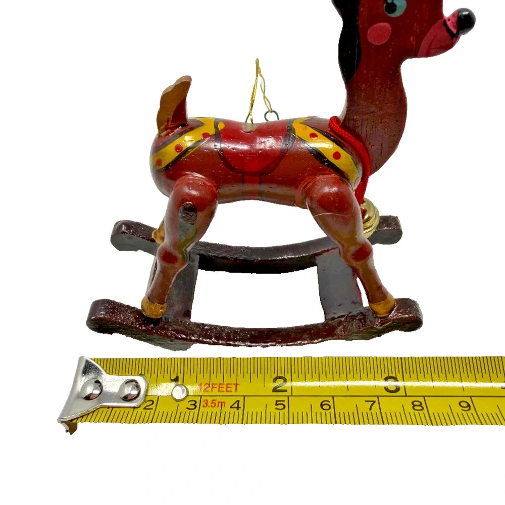 Vintage Hand Painted Wooden Rocking Reindeer Ornament w/ Bell 4.5